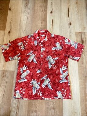 Pierre Cardin Vintage Tropical Pineapple Hawaiian Red Coastal Shirt Men's L